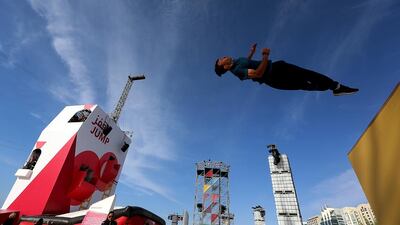 British parkour athlete, Bogdan Pascal, 20, performs at the Active Zone on the last day of the Mother of the Nation Festival in Abu Dhabi.