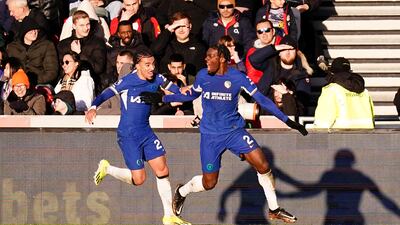 Chelsea's Axel Disasi celebrates with teammate Malo Gusto after scoring their second goal in the 2-2 Premier League draw against Brentford at the Gtech Community Stadium on March 2, 2024. PA