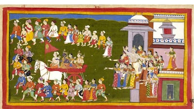 Rāma, his wife and brother ride off in a chariot driven by Sumantra and are surrounded by the grieving townspeople, whose tears lay the dust raised by the chariot’s progress. Daśaratha hurries from his palace and goes through the gate of the city surrounded by his queens, their agony expressed in their outstretched arms, begging them to linger for a little.
