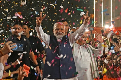 India’s Prime Minister Narendra Modi gives a victory sign to celebrate the BJP’s win in the general election in New Delhi last month. AFP