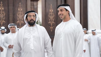 Sheikh Tahnoon bin Mohamed, Ruler's Representative in Al Ain Region (left) and Sheikh Mansour bin Zayed, UAE Deputy Prime Minister and Minister of Presidential Affairs (right), attend an iftar reception, at Abu Dhabi's Al Bateen Palace.