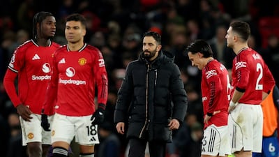 Ruben Amorim with Ayden Heaven, Casemiro, Lisandro Martinez and Diogo Dalot during the match against AFC Bournemouth at Old Trafford last month. Reuters