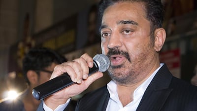 Tamil actor Kamal Haasan talks to fans at the premiere of his film 'Uttama Villain' at Golden Cinemas in Bur Dubai on June 11, 2016. Navin Khianey for The National