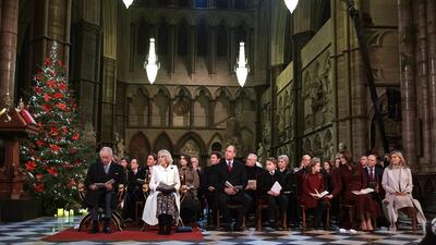 King Charles, Queen Consort Camilla, Prince William, Prince George, Princess Charlotte, the Princess of Wales and the Countess of Wessex at the service. AP