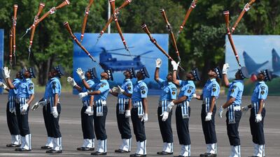 Indian Air Force personnel perform an air warrior drill after a graduation ceremony in Dundigal, on the outskirts of Hyderabad. AFP