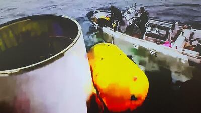 This handout photo taken on May 31, 2023 and provided by South Korean Defence Ministry in Seoul shows an object presumed to be part of North Korea's claimed 'Space Launch Vehicle' being salvaged by South Korea's miliaty in waters 200km (124 miles) west of Eocheong Island in the Yellow Sea. South Korea's military said on May 31, it had located and was salvaging a suspected part of a North Korean spy satellite that crashed into the sea shortly after launch due to a rocket failure. (Photo by Handout / South Korean Defence Ministry / AFP) / RESTRICTED TO EDITORIAL USE - MANDATORY CREDIT "AFP PHOTO / South Korean Defence Ministry" - NO MARKETING NO ADVERTISING CAMPAIGNS - DISTRIBUTED AS A SERVICE TO CLIENTS