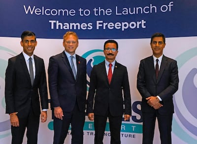 (left to right) Britain’s chancellor of the exchequer Rishi Sunak, transport secretary Grant Shapps, Sultan Ahmed Bin Sulayem, group chairman and chief executive of DP World, and Rashid Abdulla, chief executive of DP World's Europe & Russia region, at the Thames Freeport launch event Photo: DP World