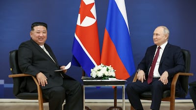 Russia's President Vladimir Putin and North Korean leader Kim Jong-un in Russia on September 13. Reuters