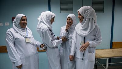 Medical students from Islamic University on break in the Maternity Ward of Al-Shifa Hospital in Gaza.
