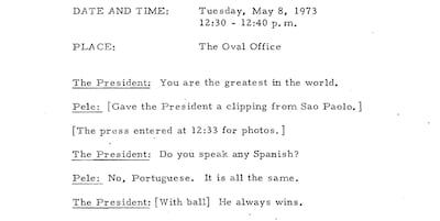 Transcripts show an initially awkward encounter between Richard Nixon and Pele during the football star's 1973 White House visit. Photo: US National Archives