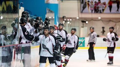 Abu Dhabi Storms team celebrating their win over Belarus in the President's Cup final at the Zayed Sport City Ice Rink. Leslie Pableo for The National