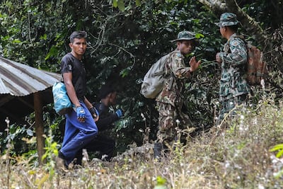 Bird's-nest collectors are escorted by park rangers as they search for openings into the Tham Luang cave complex. AFP