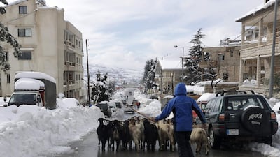 A man walks goats along a main street in the snow-covered town of Bcharre in the Lebanese mountains north of Beirut. AFP