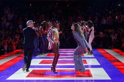 Designer Tommy Hilfiger, Grace Jones and actress Zendaya dance on the runway. AP Photo
