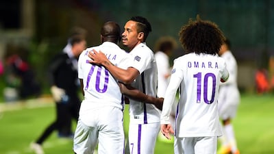 Danilo Asprilla, left, opened the scoring for Al Ain with an assist from Caio, centre. Omar Abdulrahman chipped in with the second goal for the team, his fourth in past five games in the tournament this year, and later added an assist. Courtesy Al Ain FC