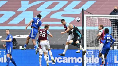 Leicester goalkeeper Kasper Schmeichel competes for a header in the opposition box as the Foxes chase a last-gasp equaliser. Getty