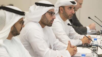 Mohamed Al Mubarak, centre, with other Aldar executives, launcheed The Bridges development on Reem Island. Antonie Robertson / The National