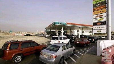 Vehicles que up for petrol at a ENOC petrol station in Mirdiff on Monday, June 06, 2011 in Dubai, United Arab Emirates. Photo: Charles Crowell for The National