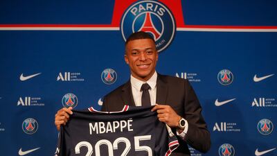 Kylian Mbappe after signing a new contract with PSG in 2022. AP