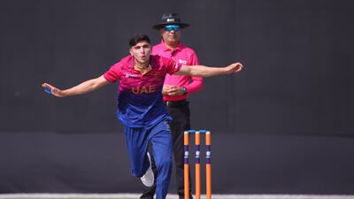 UAE's Mohammed Rohid celebrates a wicket against Qatar in their T20 World Cup qualifier. Photo: ICC