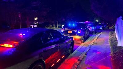 Police cars on a residential street in Annapolis after the triple killing. AP