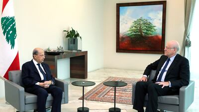 Lebanese President Michel Aoun (L), with former Lebanese Prime Minister Najib Mikati at the presidential palace in Baabda. EPA