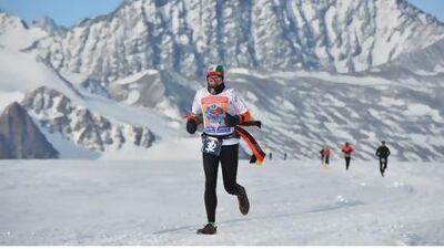 Wendelin Lauxen at the marathon in Antarctica this year. He says the thought of the Palestinian children keeps him running.