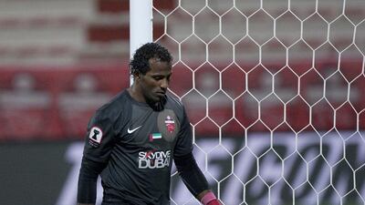 Al Ahli keeper Majed Naser was suspended for six months for spitting at a referee in an Arabian Gulf League match against Al Ain. Mike Young / The National