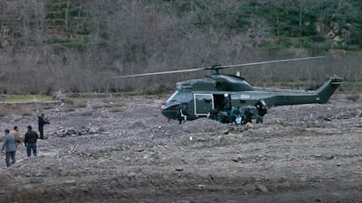 A helicopter at the scene of a crime where the bodies of two Scandinavian women were found the day before in an isolated mountainous area in the High Atlas range. AFP