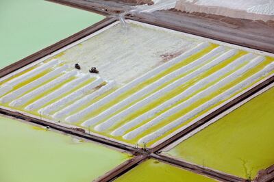 Brine pools and processing areas of the Soquimich lithium mine on the Atacama salt flat in northern Chile. REUTERS/Ivan Alvarado/File Photo