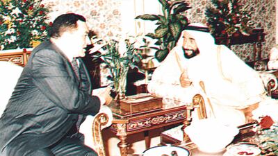 Mr Mubarak meets UAE Founding Father, the late Sheikh Zayed bin Sultan Al Nahyan in Abu Dhabi. Wam