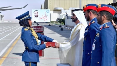 Sheikh Mohammed bin Rashid, Vice President, Ruler of Dubai and Minister of Defence, graduates Air Cadet and Cadet Pilot officers in a ceremony at Khalifa bin Zayed Air College in Al Ain on Monday. Wam