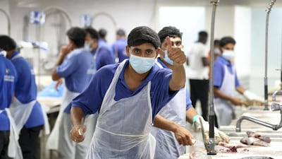 Busy seafood stall workers at Deira Waterfront Market in Dubai