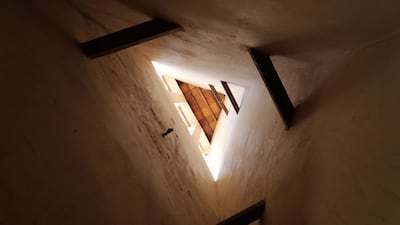 The wind tower inside the house of Abdulla Al Karim at Al Jazirah Al Hamra. They were an early form of air-conditioning.