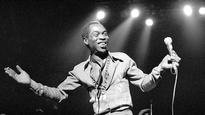 UTRECHT, NETHERLANDS - 3rd NOVEMBER: Nigerian musician and composer Fela Kuti (1938-1997) performs at Vredenburg in Utrecht, Netherlands on 3rd November 1988. (photo by Frans Schellekens/Redferns)