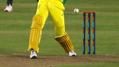 Australia's Mitchell Starc plays a shot at the Sher-e-Bangla National Cricket Stadium, Dhaka.