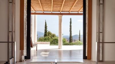 Views from the bathtub at Amanzoe, Greece. Photo: Aman