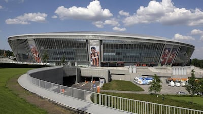 In this Monday, June 6, 2011 file photo, a view of soccer stadium, Donbass Arena, in Donetsk, Ukraine. More than a year ago, Shakhtar Donetsk was poised to become one of European soccer’s giants. Backed by Ukraine’s richest man, industrialist Rinat Akhmetov, the club imported Brazilian stars en masse with a mission to win the Champions League, Europe’s most prestigious competition. Now, with the country wracked by conflict, Shakhtar has become a team of multimillionaire refugees. Efrem Lukatsky / AP Photo