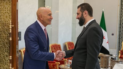 Syrian President Ahmad Al Shara receives US special envoy Tom Barrack in Damascus. Getty Images