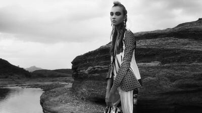 WANDERLUST: Jacket, Dh950, Clover Canyon at The Outnet. Top, Dh1,200, Mason at Bloomingdale’s. Trousers, Dh1,544, 3.1 Phillip Lim at Stylebop. Shoes, Dh2,650, Sergio Rossi. Headpiece, stylist’s own. Earrings, Dh1,200, Lizzie Fortunato at Bloomingdale’s. Belt, Dh4,450, Emilio Pucci