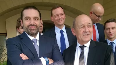 French Foreign Minister Jean-Yves Le Drian with Lebanese Prime Minister Saad Hariri in the Saudi capital Riyadh on November 16. AFP PHOTO / Valérie LEROUX