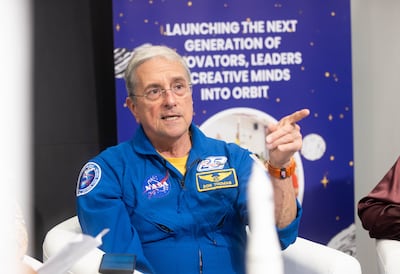 Former Nasa astronaut Dr Donald Thomas speaks at the relaunch of the Space and Rocketry Academy in Dubai. Ruel Pableo / The National