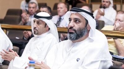 Ahmed Al Shamsi, right, chief technology officer at Thuraya, at the announcement of The National Space Programme, an initiative for high school and university students to have an experiment performed on the International Space Station. Silvia Razgova for The National