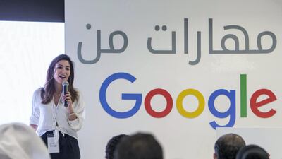 Joyce Baz, head of communications and public affairs at Google MENA, speaks at the launch of Maharat min Google in Dubai. Leslie Pableo for The National