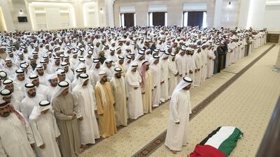 Sheikh Mohammed bin Rashid, Vice President and Ruler of Dubai, and Sheikh Mohammed bin Zayed, Crown Prince of Abu Dhabi Deputy Supreme Commander of the Armed Forces, attend, among numerous Sheikhs and senior officials, funeral prayers of the late Sheikha Hessa bint Mohammed, at Al Mu’tareed Mosque in Al Ai. Hamdan Al Shamsi for Crown Prince Court - Abu Dhabi