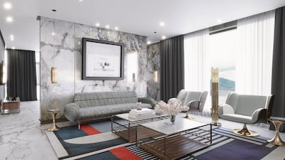 Large geometric rugs form a symmetry that offers the illusion of continuity, while an accent wall can serve to divide a space too. Photo: Essential Home