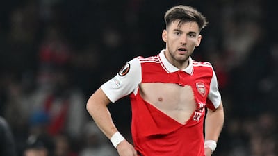 Arsenal's Scottish defender Kieran Tierney looks on after his shirt was torn during the UEFA Europa League Group A football match between Arsenal and FC Zurich at The Arsenal Stadium in London, on November 3, 2022. (Photo by Glyn KIRK / AFP)