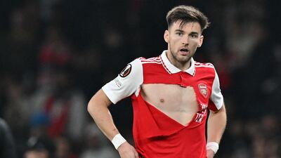 Arsenal defender Kieran Tierney after having his shirt ripped in second half. AFP