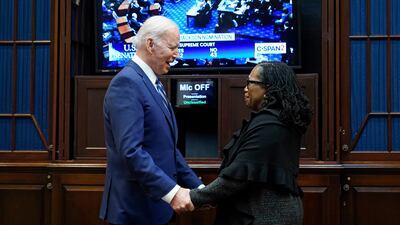 President Joe Biden and Supreme Court nominee Judge Ketanji Brown Jackson watch from the White House in Washington as the Senate votes on her confirmation. AP