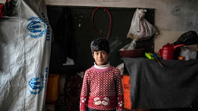 Mohammad Issa, 11, who was also displaced from Ras Al Ain, at the school near Hassakeh.